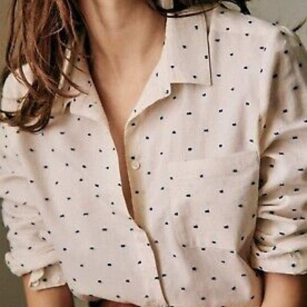 Sezane Linen Ramie Tomboy Shirt Ecru Blue Dot Print